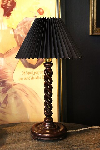 Old English table lamp in dark twisted wood with black pleated fabric 
lampshade...