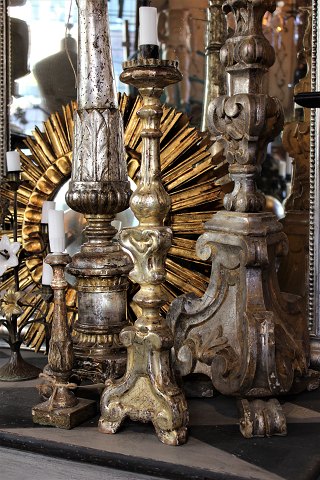 Old French 1800 century "altar" candlestick carved wood with old silver 
coating...