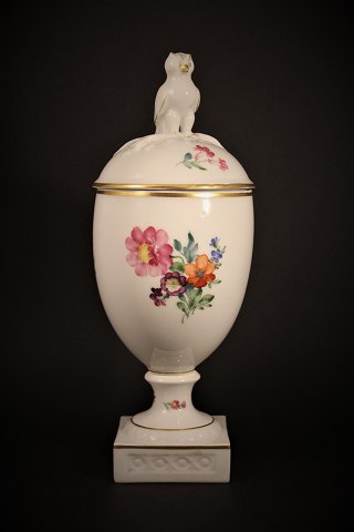 Royal Copenhagen Saxon Flower, vase with lid decorated with an owl figure on 
top. Height 28 cm.