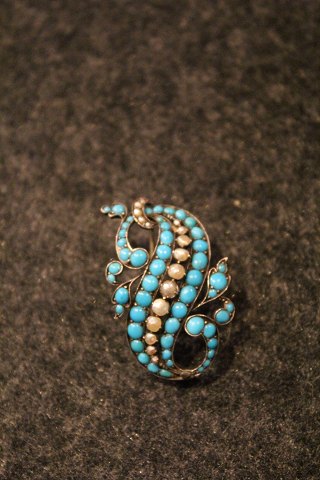 Antique silver brooch with turquoises - (1880) Measures: 4x2,5cm.
