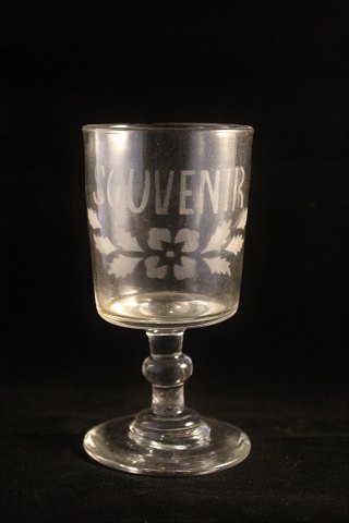 Old French souvenir wine glass with engraved font "Souvenir"