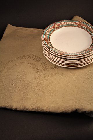 Beautiful old French damask woven linen tablecloth in fine ocher color.  252x135cm.