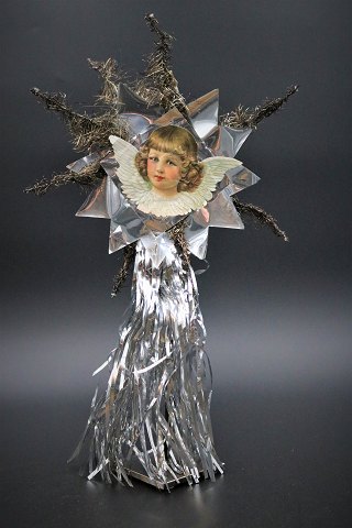 Gammel "topstjerne" til juletræet i sølv folie og tinsel med engle glansbillede. H:38cm. Stjerne Dia.:24cm.