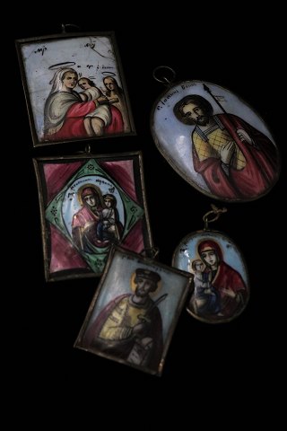 Old hand-painted Russian religious motifs, painted on porcelain and framed in 
brass frame...