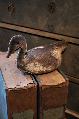 Decorative, old decoy duck in wood with a super nice patina.
H:15cm. L:32cm.