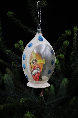 Gammel glas juleornament med religiøst billede fra omkring 1920-40...