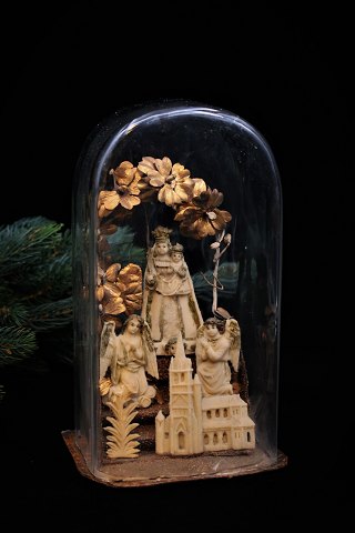 Gammel fransk glas globe  julemotiv med figurer af Jomfru Maria med Jesusbarnet...