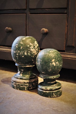 A pair of old French decorative wooden tops with old green paint 
and with a super fine patina...