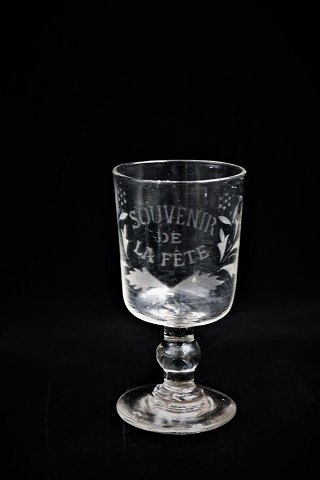 Old 19th century French Souvenir wine glass with engraved writing "Souvenir de 
La Fete"...