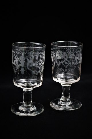 Antique, 19th century mouth-blown French wine glass 
with decorations on the side...