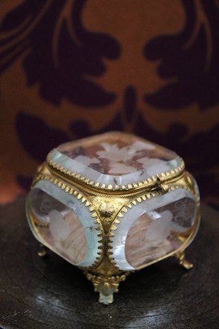 Old French jewelery box in bronze and faceted glass with cut birds and floral 
motifs...