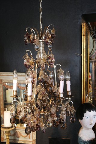 Old French prism chandelier with lots of fine glass fruits in clear and delicate 
violet colors...