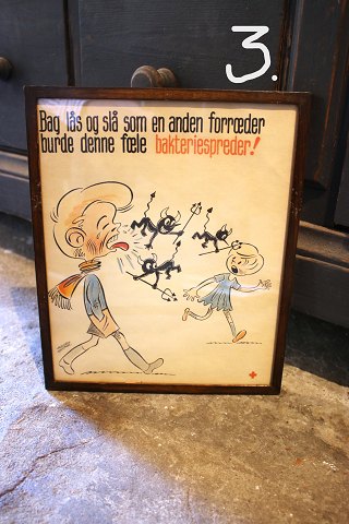 Gammel tegning (print) af Leo Fredsbjerg med "Opdragende" rim og slogans for Røde Kors...